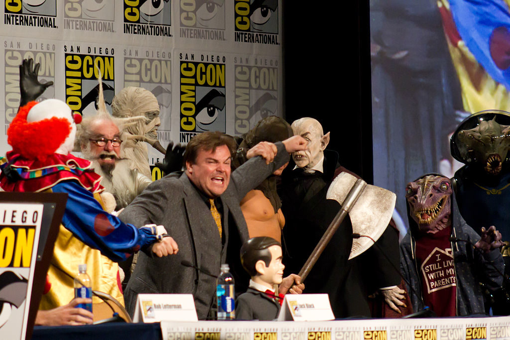 Black, at San Diego Comic Con in 2014, prepares to fight of "monsters" in his role as R. L. Stine, author of Goosebumps.