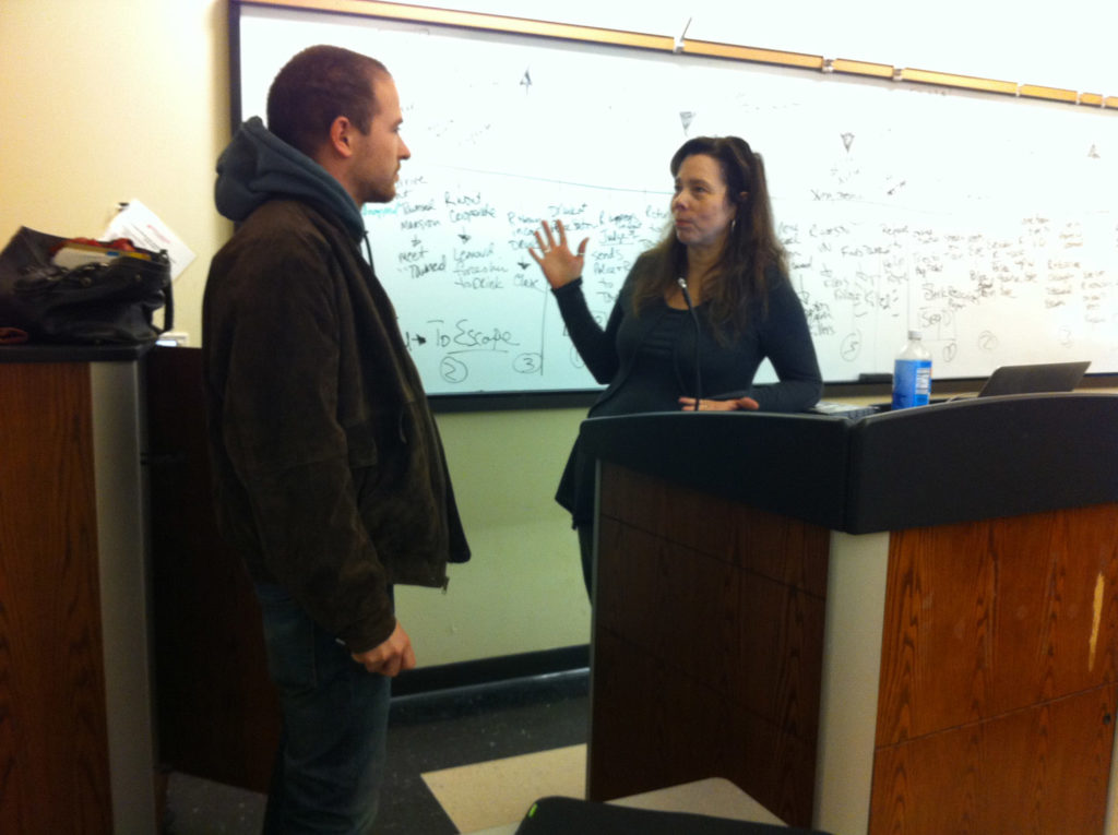 Susan Skoog talking to student moderator Jake Shapiro after a screenwriting class. Photo: Awije Bahrami