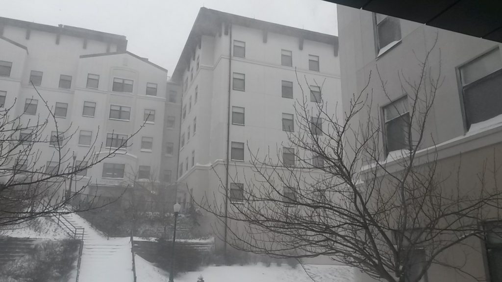 Snow continues to fall at the Montclair State campus. Photo Credit: Kristen Bryfogle