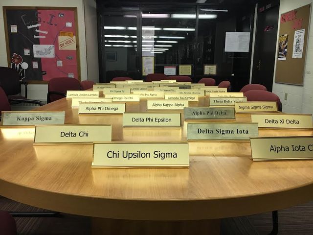 A look at Greek organization names at a recent SGA meeting. Photo by Jaimee Laurie