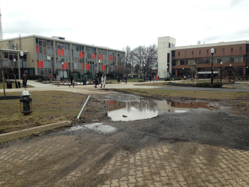 Rainwater has collected in a puddle outside of the Speech Building, forming a formidable puddle. Photo Credit: Angela Romano