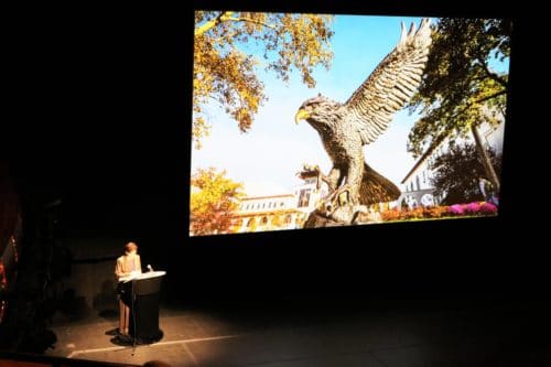 President Cole features Montclair State’s mascot throughout her presentation. Photo Credit: Jessicca Bacher