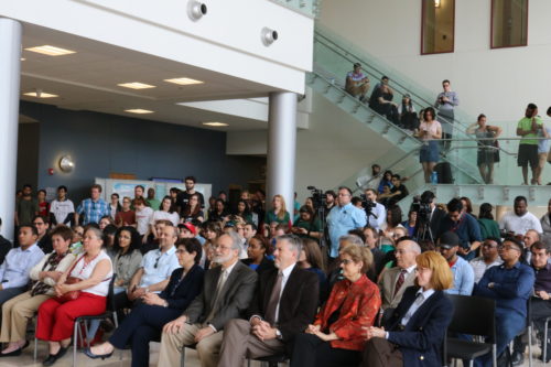 Many attendees came to the CELS building to hear Sens. Booker and Menendez speak at 1:15 p.m. Photo Credit: Daniel Falkenheim