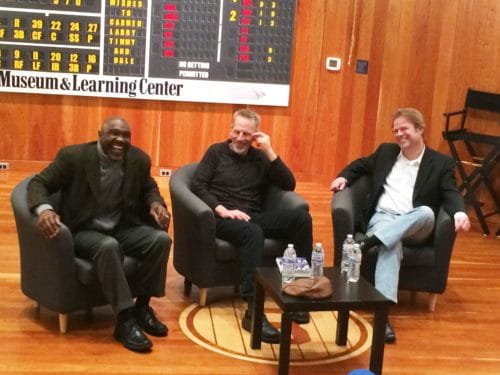 Mookie Wilson (left) sits with Dave Kaplan (center) and Erik Sherman (right) to discuss Sherman's new book. Photo Credit: Emma Cimo