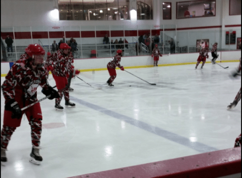 The Red Hawks take the ice during warm-up. Photo via @MONTCLAIRHOCKEY twitter.
