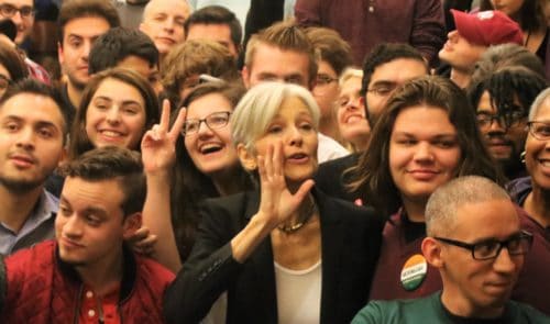 Green Party presidential candidate Jill Stein posed for a group selfie with the audience after the event ended. Photo by Dan Falkenheim