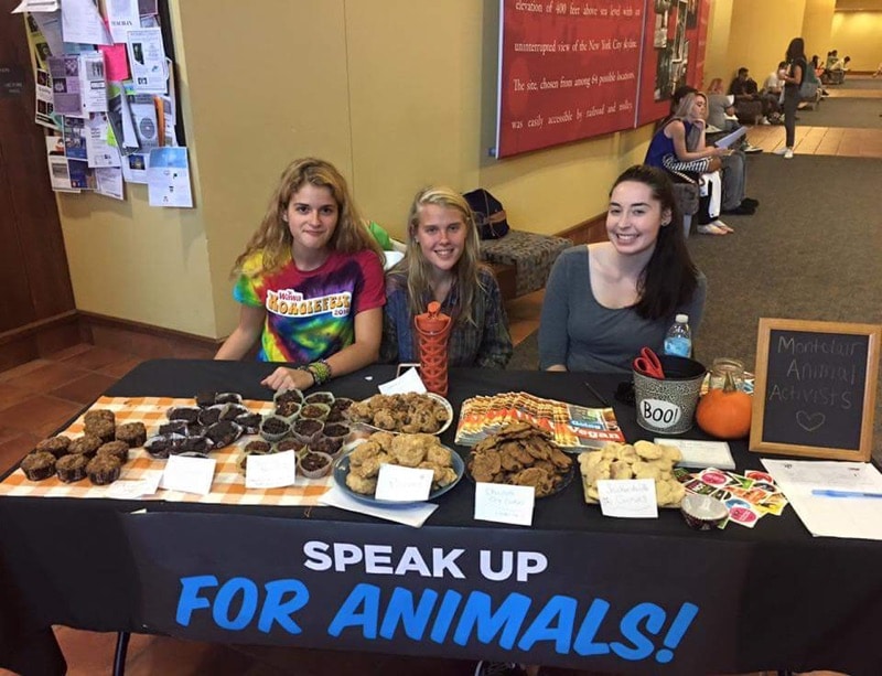 Erin O’Connell, right, and two other members of Montclair Animal Activists sponsor a vegan bake sale to show that vegan food can still be tasty in University Hall on Oct. 12. Photo Credit: Haley Wells