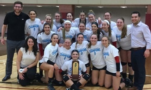 The Montclair State Volleyball team poses with their new NJAC Championship trophy Photo courtesy of Montclair Athletics