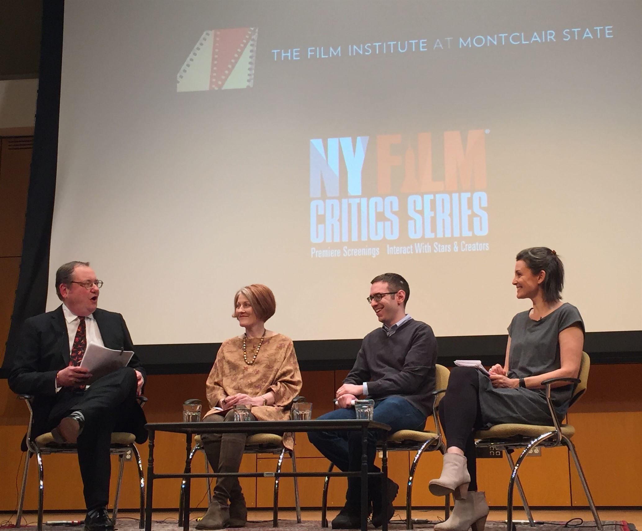 Stephen Whitty (left), Stephanie Zacharek (middle left), Matt Singer (middle right) and Alison Bailes (right) discuss this year’s academy award nominations and what it takes to become a film critic. Julia Siegel | The Montclarion