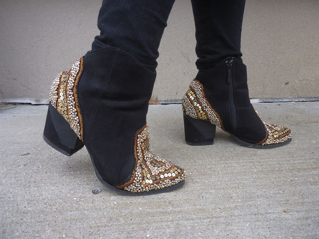 A closer look at Madelyn's thrifted sequined booties. Photo by Carlie Madlinger 