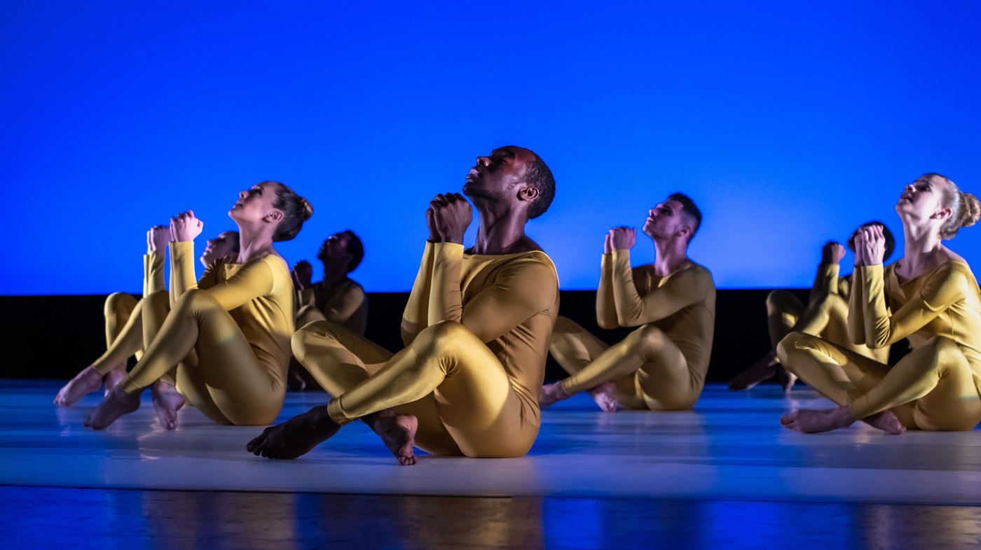 Senior dance majors performing Martha Graham&squot;s, "&squot;Ritual to the Sun&squot; from Acts of Light. (Kelly Beck, Kristilee Maiella, Christopher Odoms, Khalid Dunton, Alfonse Napolitano, Naimah Ray, Madalyn Rupprecht) Photo courtesy of Robert M. Cooper.