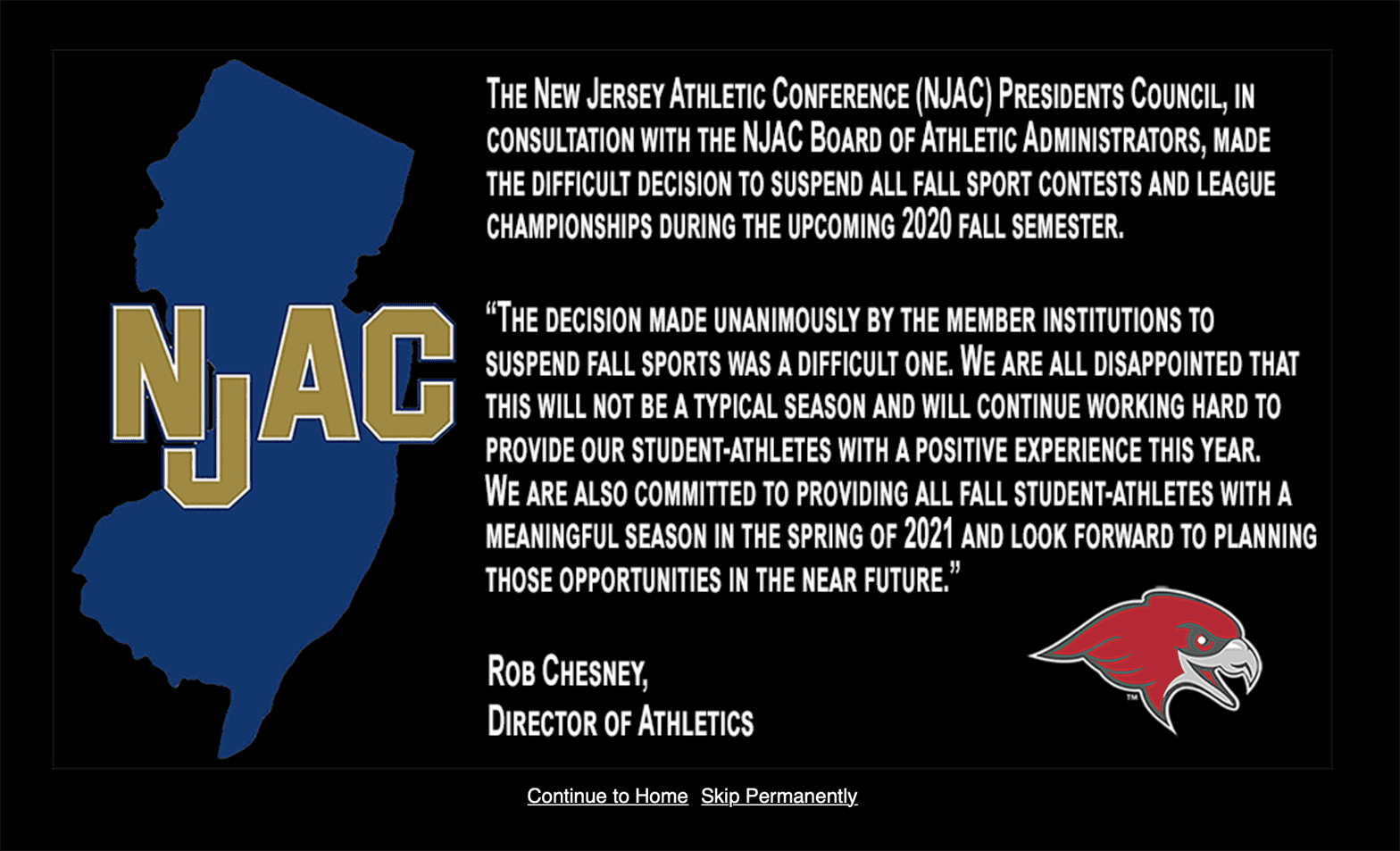 Director of Athletics Rob Chesney made a statement regarding the NJAC's decision to suspend all fall sports. Photo courtesy of montclairathletics.com