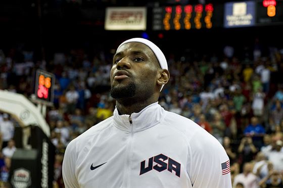 LeBron James stands for the United States national anthem while playing for Team USA against the Dominican Republic in July 2012.