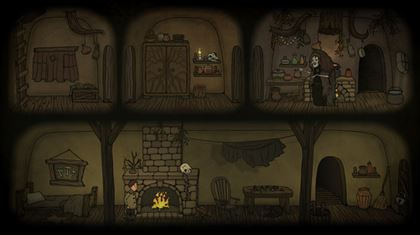 A witch brews something up while the player explores their home.