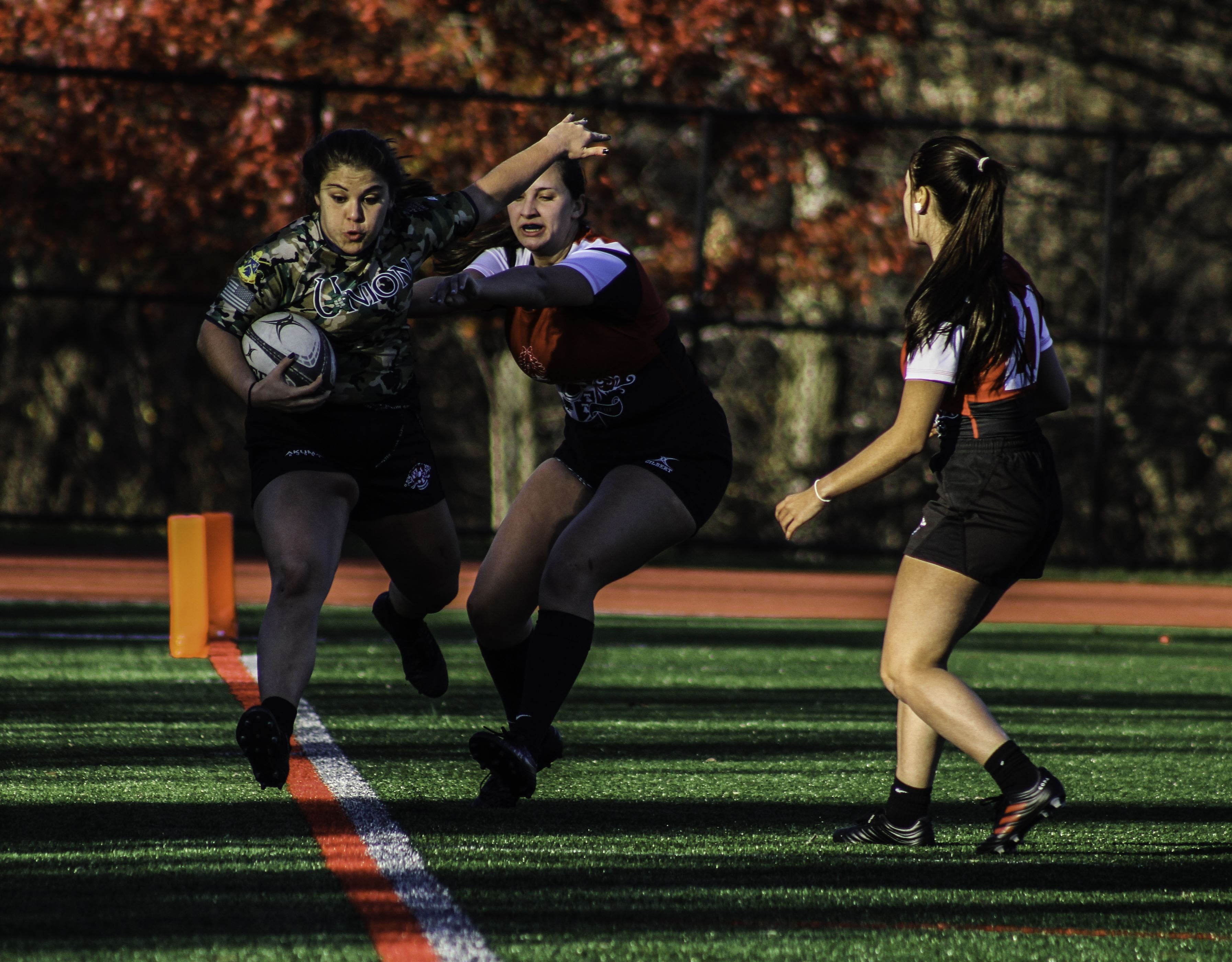 Sophomore prop Ashley Johnson is pushed outbounds by a defender. Corey Annan | The Montclarion