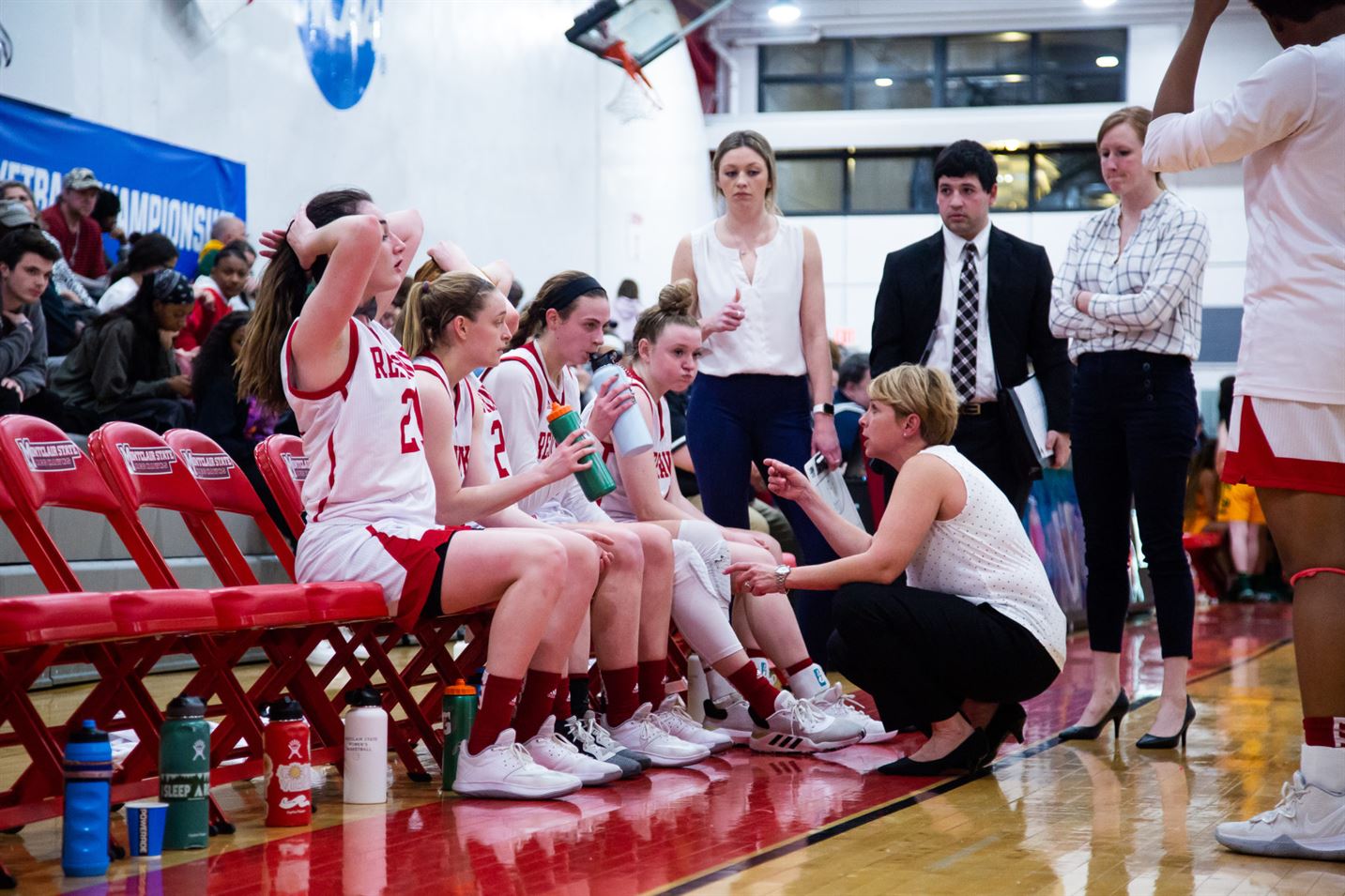 Head coach Karin Harvey talks to her team during a timeout in an NJAC Semifinal game against New Jersey City University on Feb. 25th, 2020. Chris Krusberg | The Montclarion