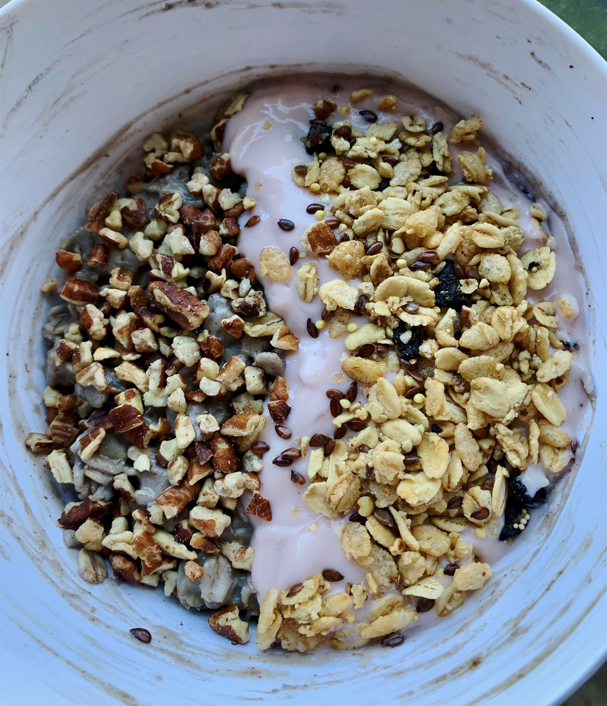 This is high protein oatmeal featuring yogurt, granola and roasted pecans as a topping. Samantha Bailey | The Montclarion