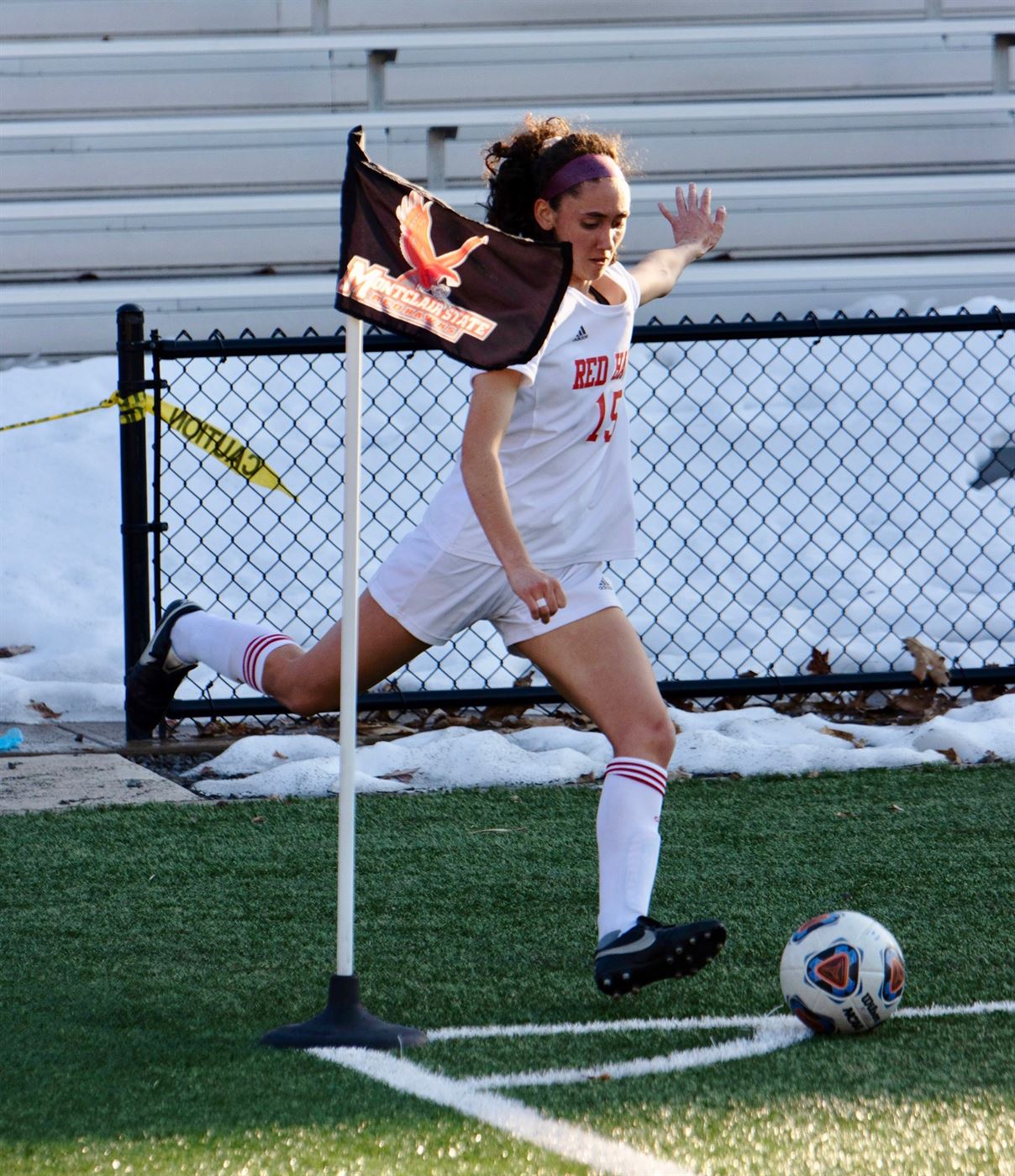 Red hawks junior midfielder Emily DeGeyter prepares to launch a free-kick during a March 10th contest against Stockton. David Venezia | The Montclarion