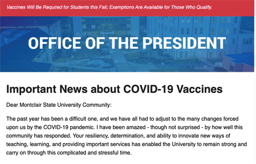 A screenshot of President Cole's announcement requiring all students be vaccinated in fall 2021. Kelvin Jimenez Michaca | The Montclarion