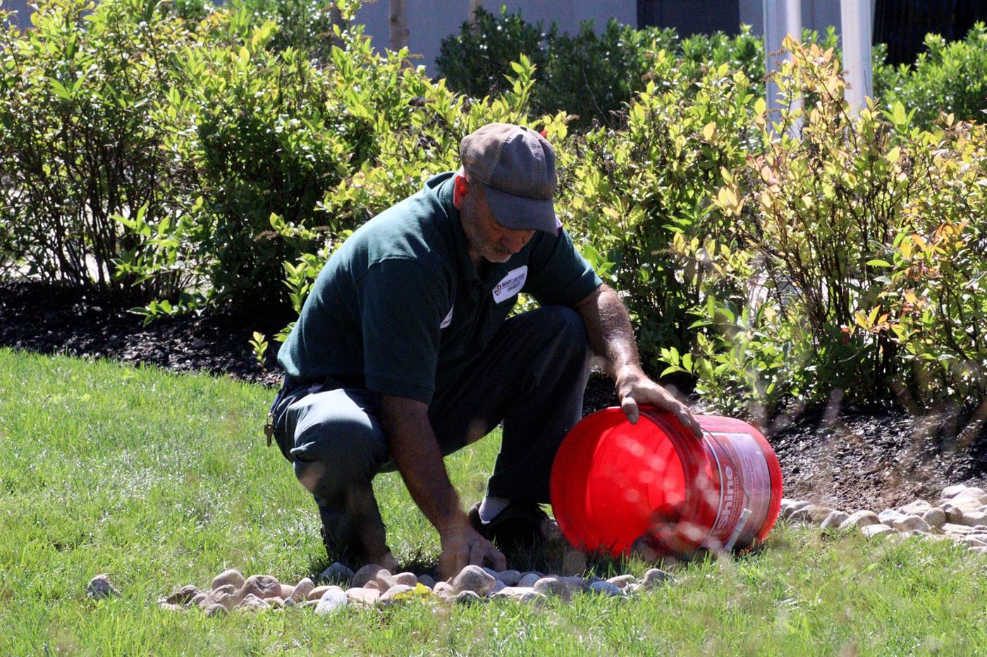 A Montclair State landscaper restoring the rocks and soil around the bushes. John LaRosa | The Montclarion