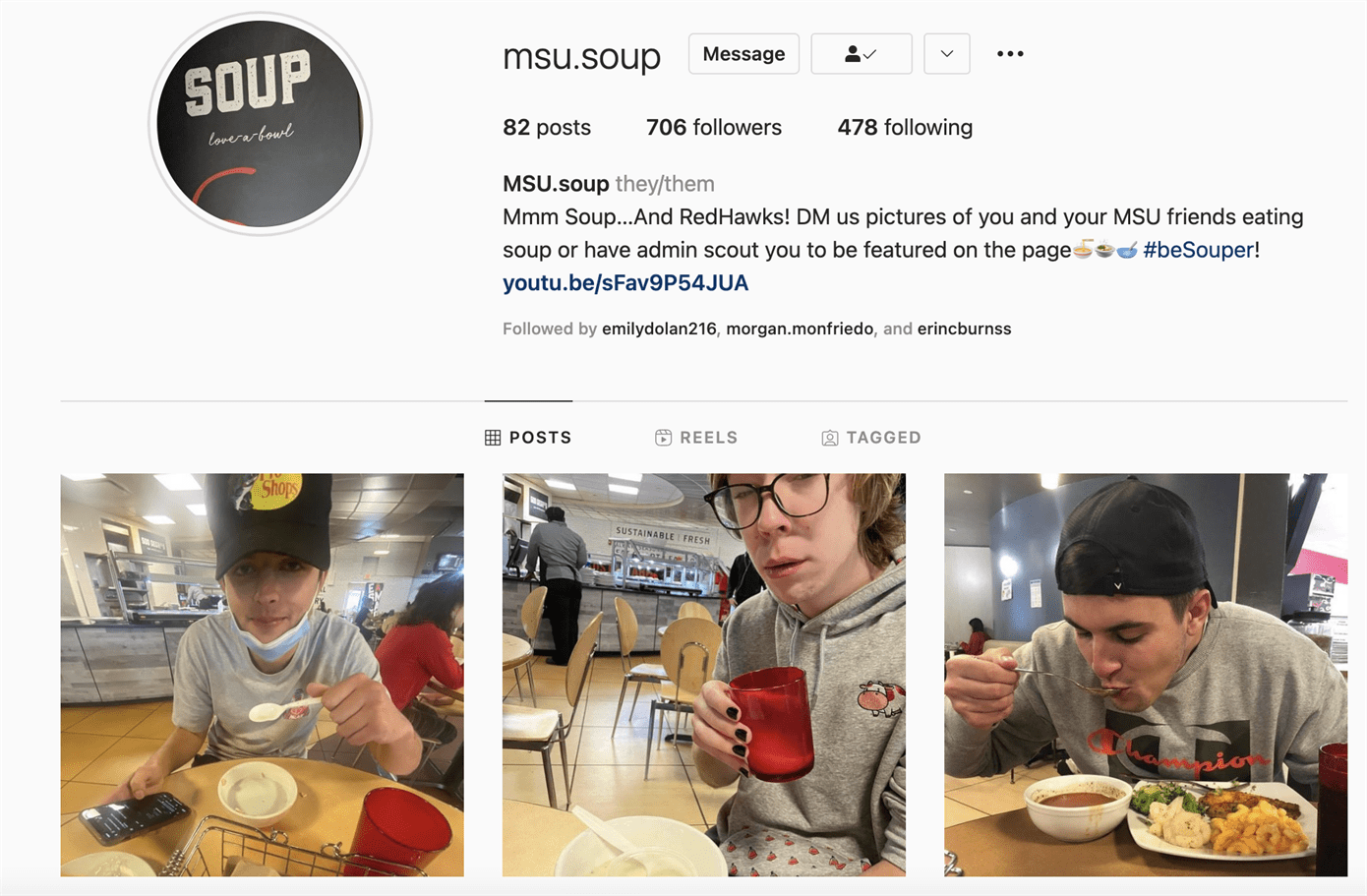 The account posts a new person each day with their bowl of soup somewhere on campus. Photo courtesy of @msu.soup