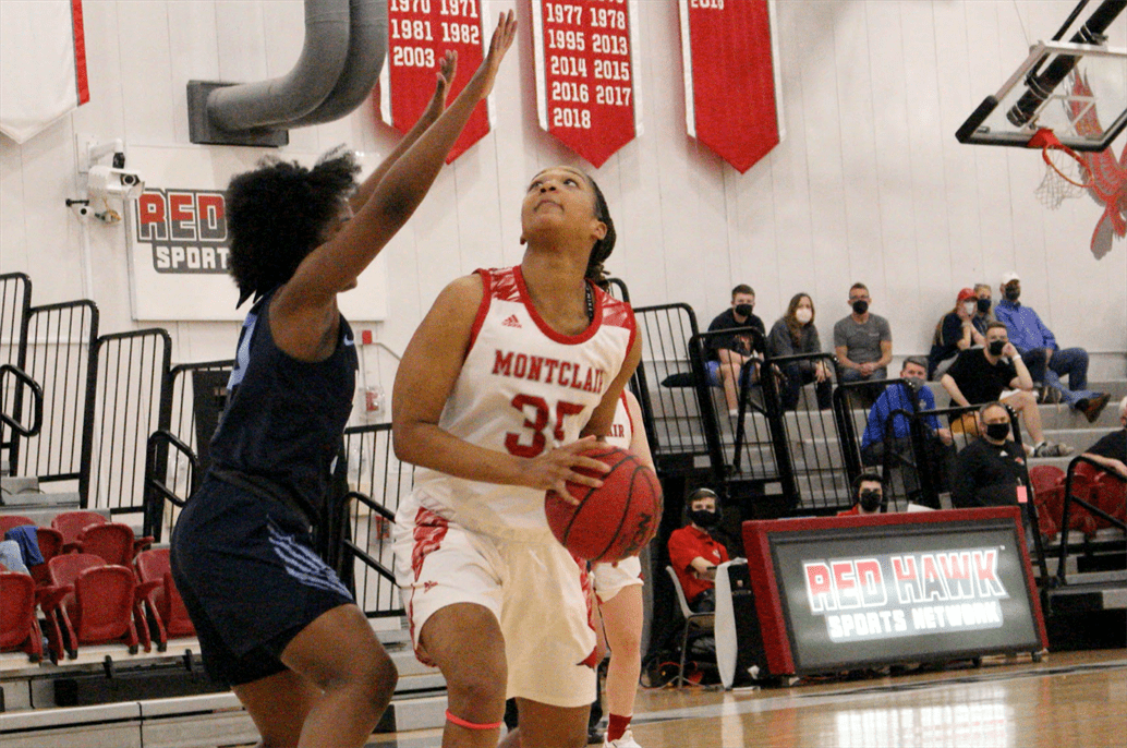 Junior forward Saniya Meyers looks shoot over a Kean defender during the NJAC semifinal game on March 12. Photo courtesy of Caitlyn Hughes