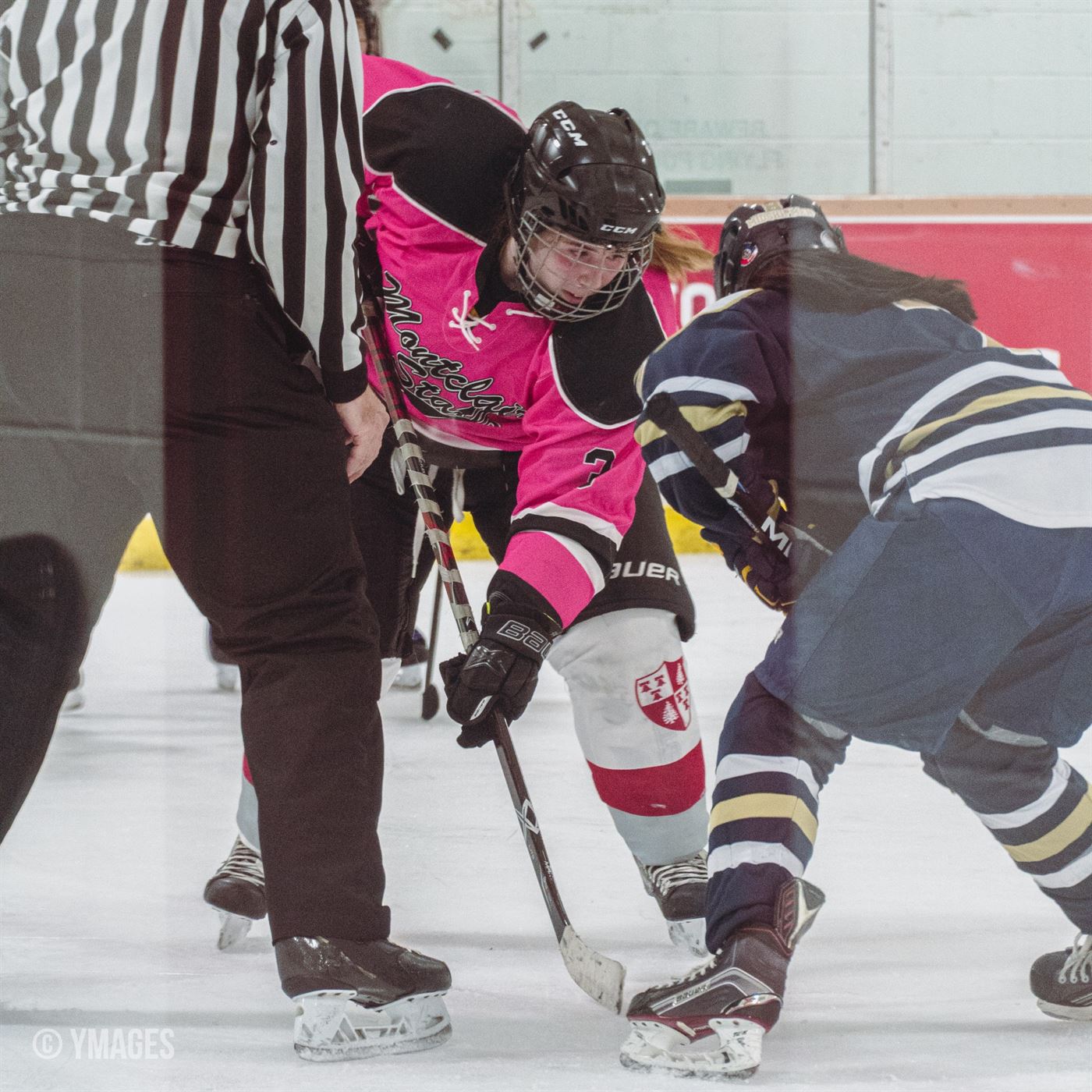 Emily Struble (pink jersey) is one of the few veterans on this younger Montclair State women's ice hockey team. Photo courtesy of Yazemin Yilmaz