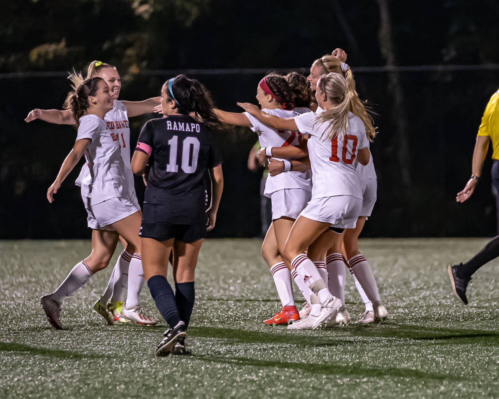 The women's soccer team celebrates after a goal scored during a Oct. 13 contest against Ramapo College. Photo courtesy of David Venezia