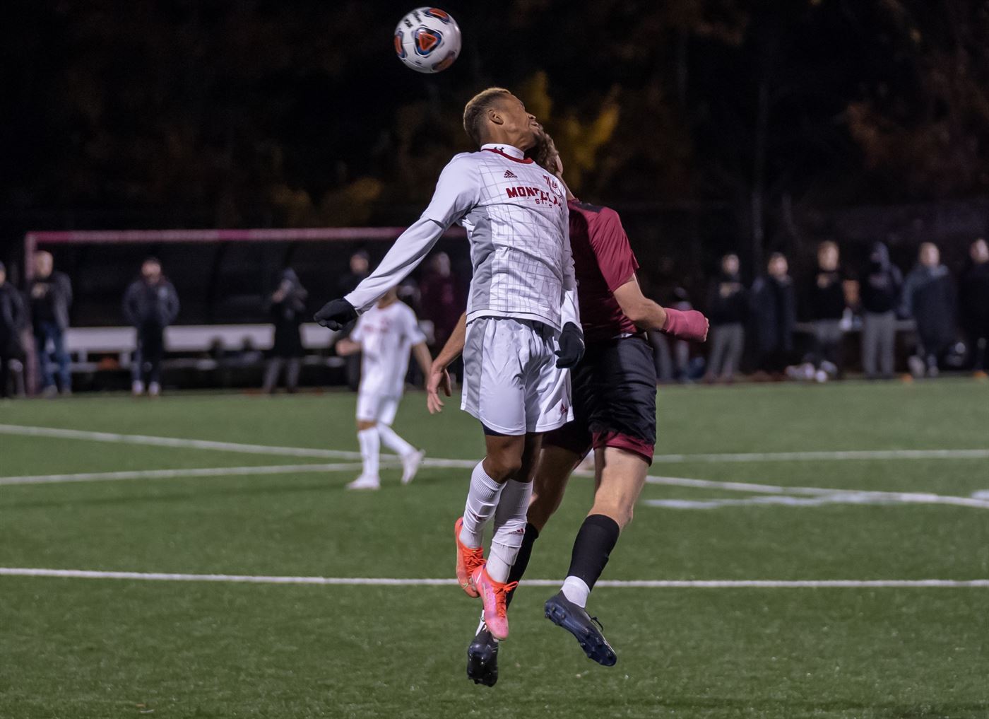 Sophomore midfielder Gene Carlo Altamirano goes for a header during the NCAA Second Round matchup against Washington College. Photo courtesy of David Venezia