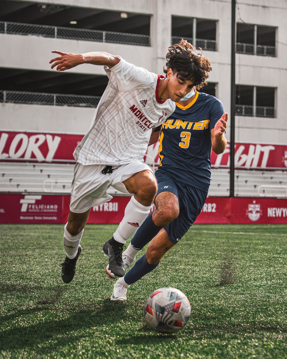 Sophomore forward Marvin Cadena fights for the ball during a Sept. 8 contest against Hunter College. Kevin Murrugarra | The Montclarion