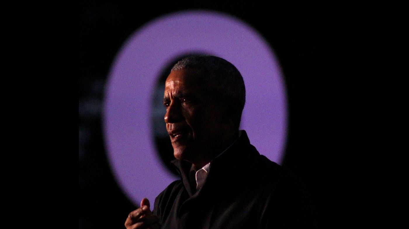 Former President Barack Obama speaks to a crowd of supporters for Governor Phill Murphy at Weequahic Park in the South Ward of Newark, New Jersey. John LaRosa | The Montclarion