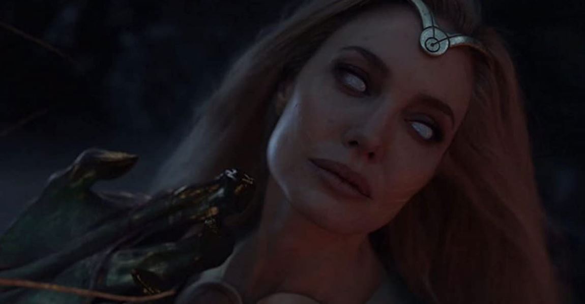 The eyes of Thena, played by Angelina Jolie, glow bright white as she is held captive. Photo courtesy of Marvel Studios