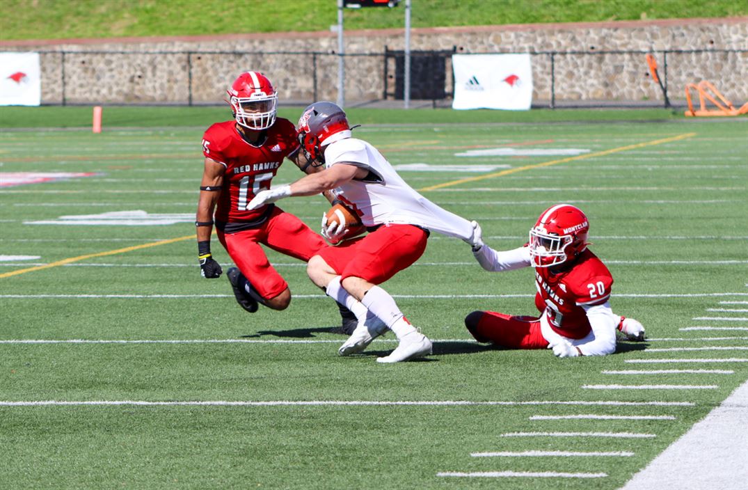 Freshman defensive back Jalil Terrell (#20) tries to pull down a Worcester Polytechnic Institute (WPI) ballcarrier by his jersey as senior defensive back (#15) Brennan Ray closes in. Trevor Giesberg | The Montclarion
