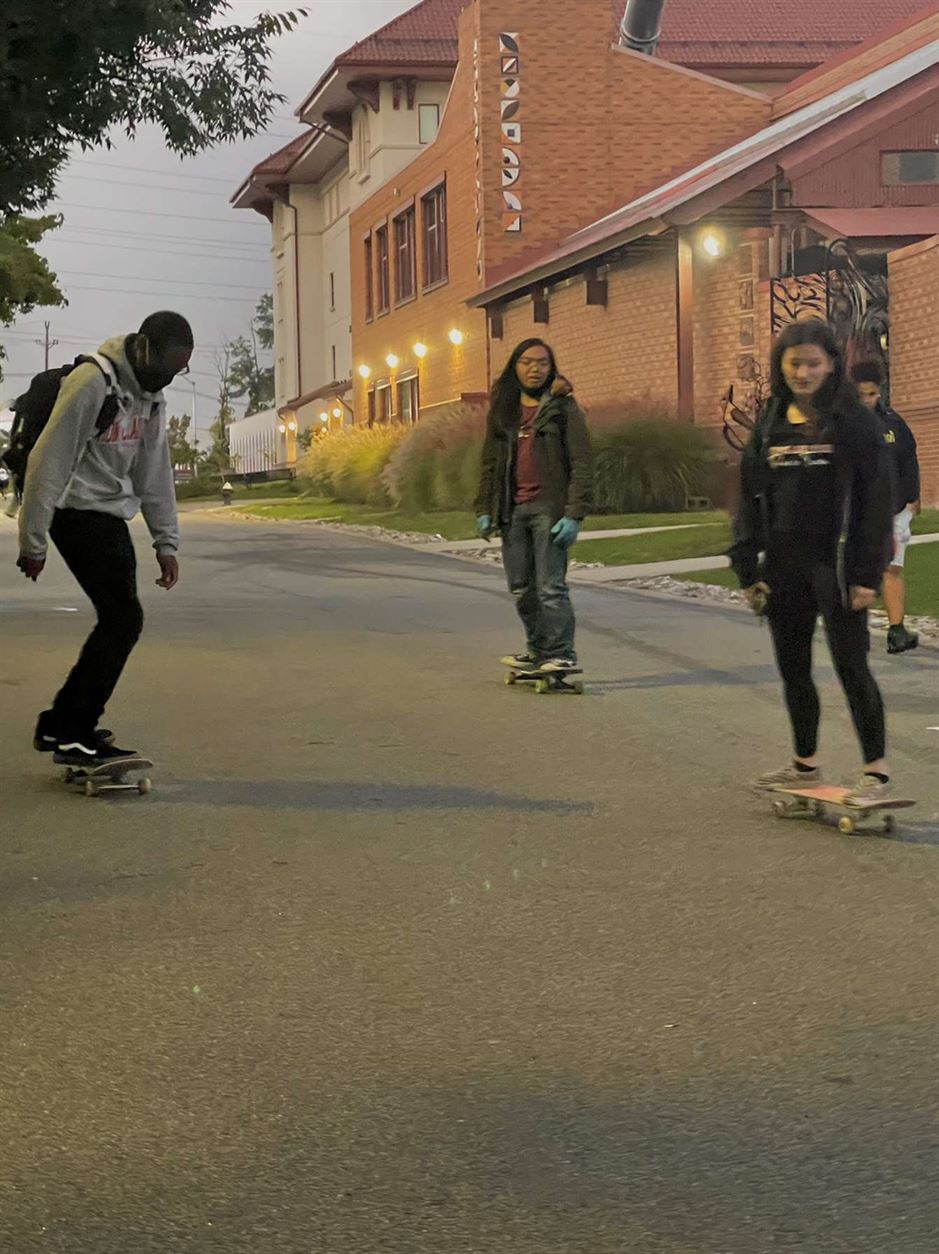 MSU Skaters students skateboarding outside Calcia Hall. Photo courtesy of Nick Rifflard
