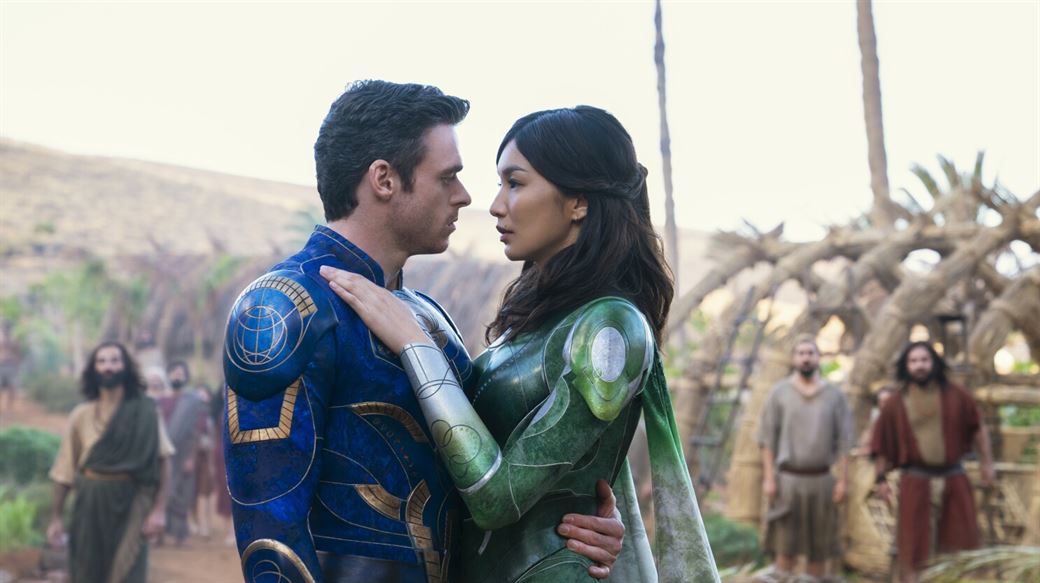 Ikaris, played by Richard Madden, and Sersi, played by Gemma Chan, embrace. Photo courtesy of Marvel Studios