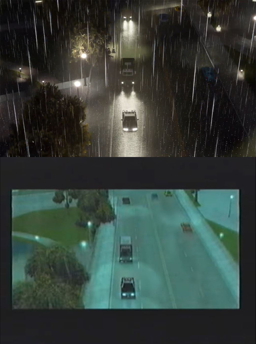 Part of the opening mission in "GTA: 3." Top: "Definitive Edition," PlayStation 5, 2021 Bottom: original, PlayStation 2, 2002. Photo courtesy Rockstar Games