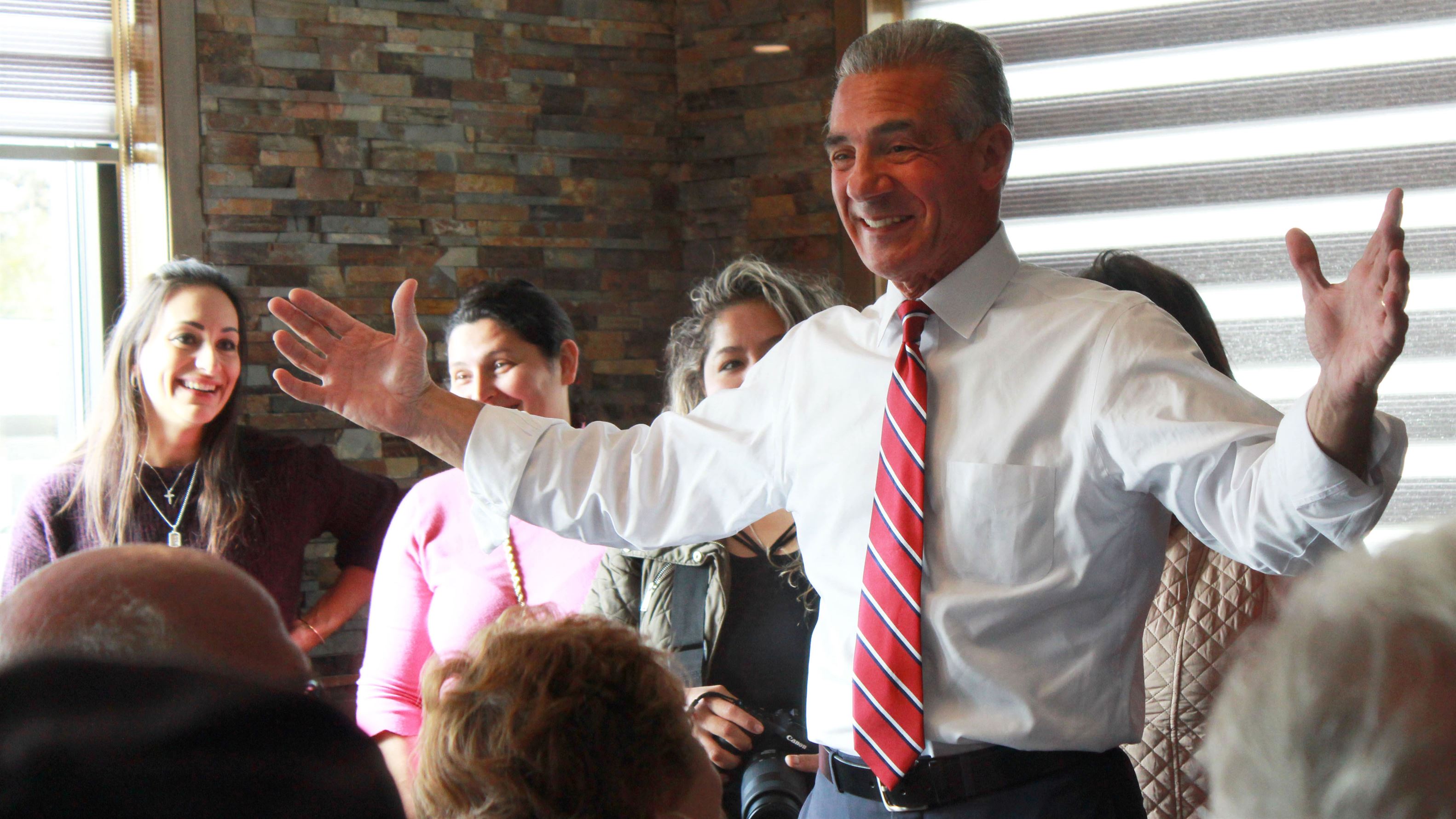Republican gubernatorial candidate Jack Ciattarelli speaks with a crowd of supporters at a campaign stop last Wednesday at the Suburban Diner in Paramus, New Jersey. Photo courtesy of Amanda Brown