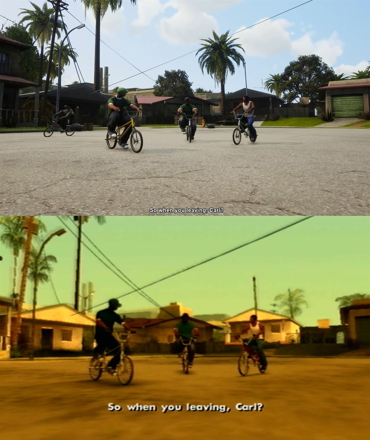 One of the first missions in "GTA: San Andreas." Bottom: Original, PlayStation 2, 2004 Top: "Definitive Edition," PlayStation 5, 2021. Photo Rockstar Games
