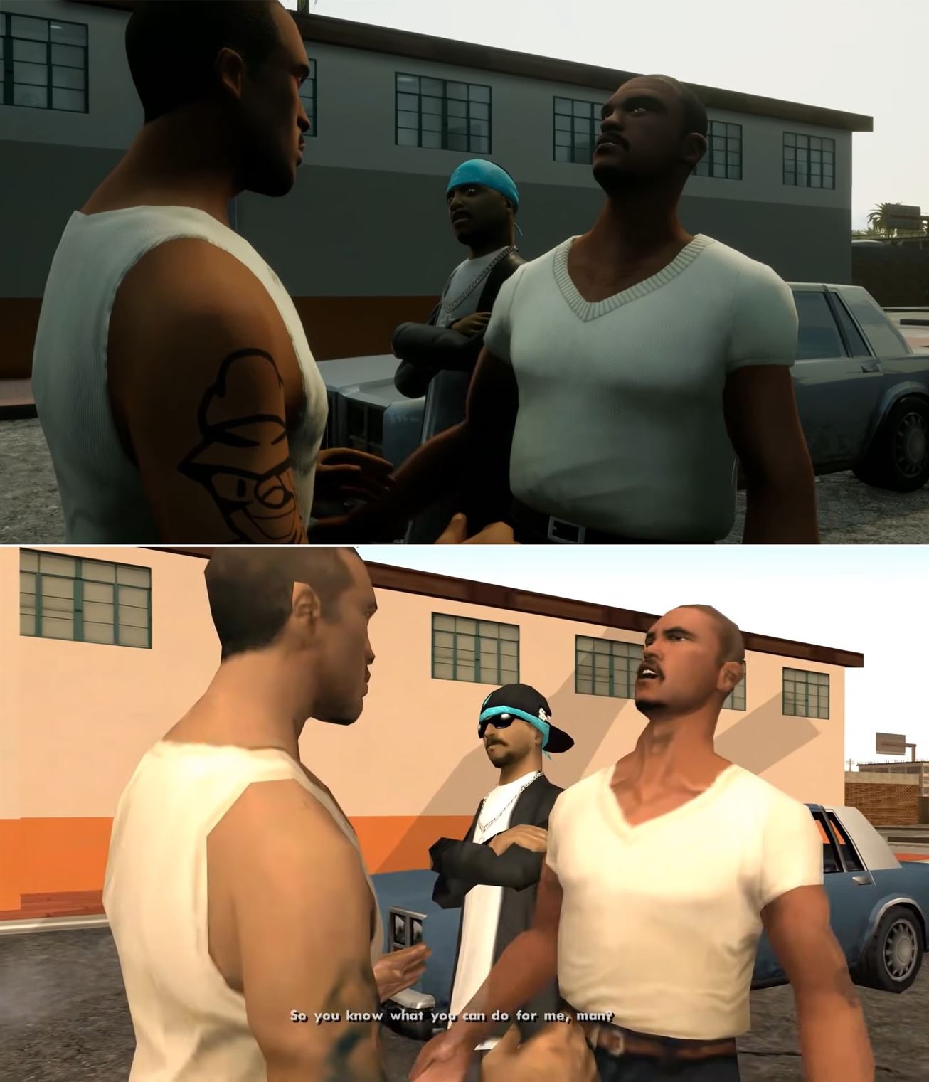 Gang members in "GTA: San Andreas." Bottom: Original, PlayStation 2, 2004 Top: "Definitive Edition," PlayStation 5, 2021 Photo courtesy of Rockstar Games