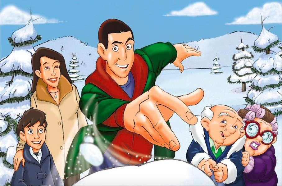In "Eight Crazy Nights," Davey Stone, voiced by Adam Sandler, throws a snowball at the camera while Jennifer Friedman, her son Benjamin, Whitey and Eleanore Duvall watch. Photo courtesy of Columbia Pictures