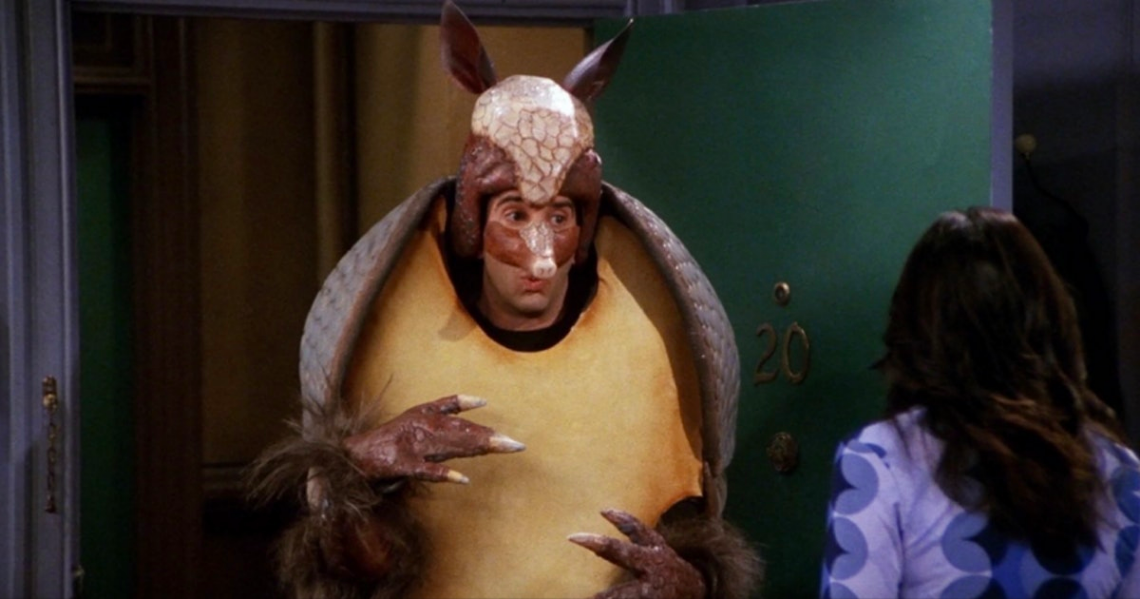 Ross, played by David Schwimmer, arrives in full costume as an armadillo to teach his son about the Festival of Lights in season seven, episode 10 of "Friends." Photo courtesy of NBC