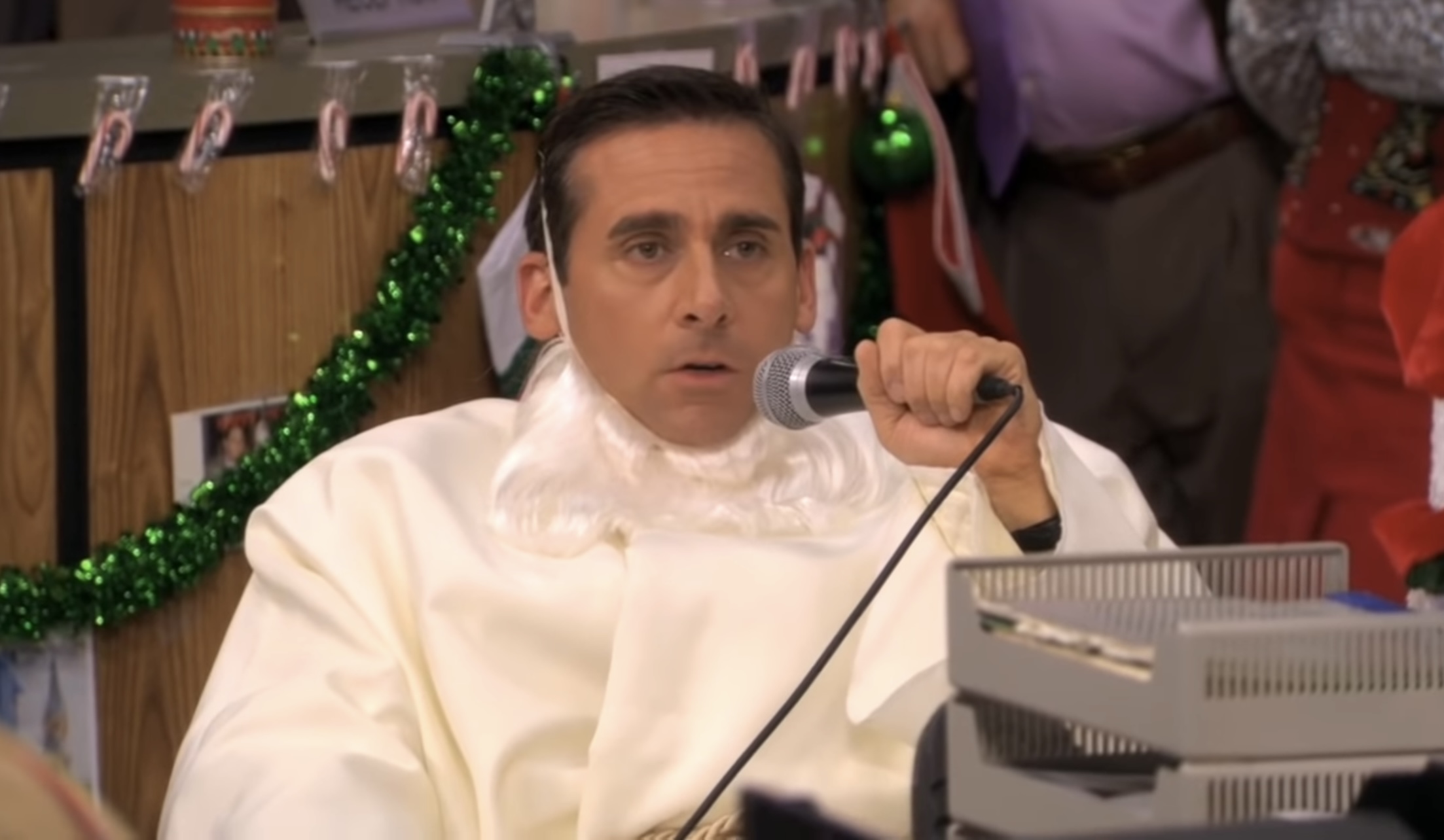 Michael (played by Steve Carell) dresses up like Jesus to heckle the rest of the office&squot;s presents in "Secret Santa".