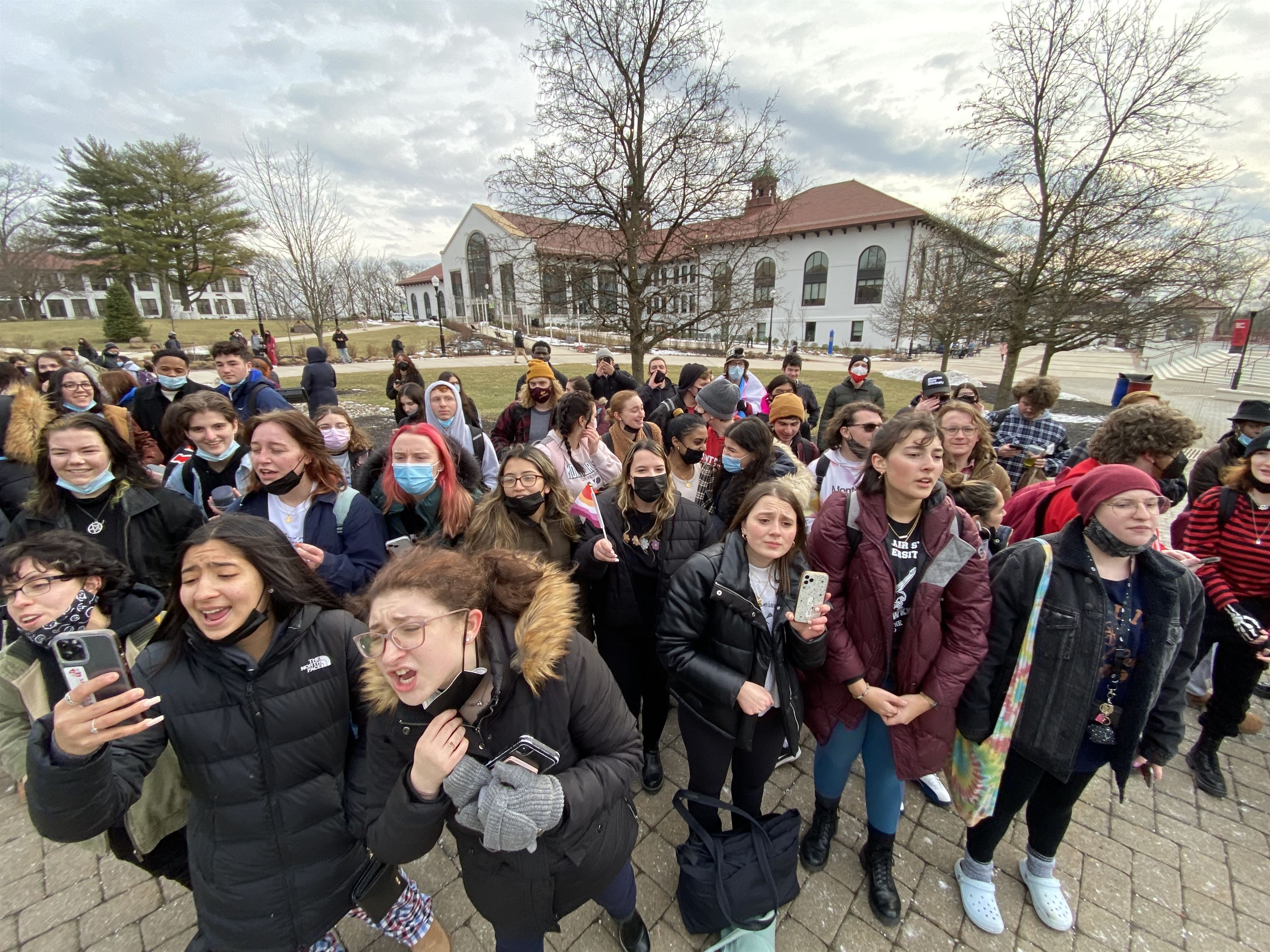 Students crowded around the amiptheater, protesting the hate speech brought on by Pastor Aden Rusfeldt. John LaRosa | The Montclarion