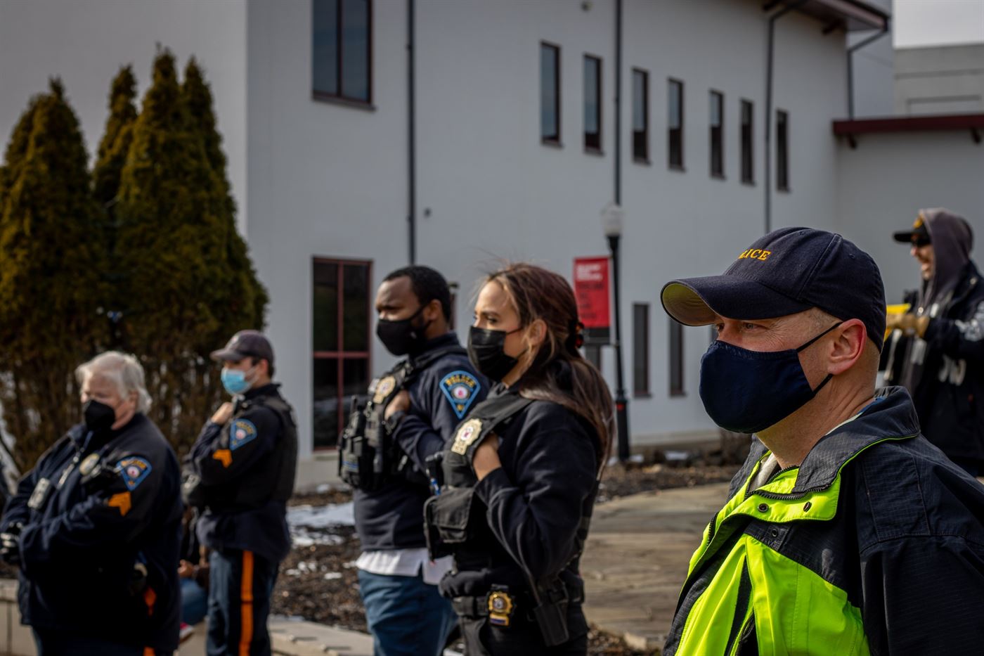 Members of the University Police Department standing in-front of the protesters. John LaRosa | The Montclarion