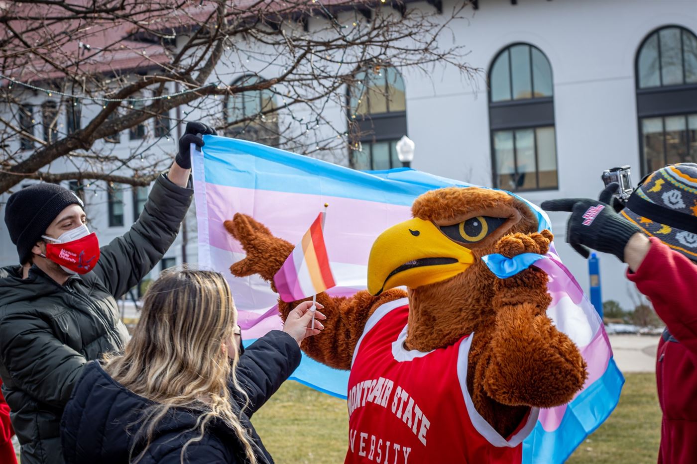Rocky the Redhawk celebrating trans rights with other students during the protest. John LaRosa | The Montclarion