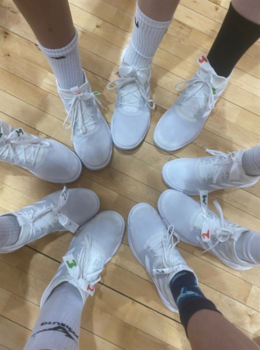 The women's volleyball team wore the ribbons on their sneakers throughout the spring 2021 season. Photo courtesy of Katelyn Monaghan