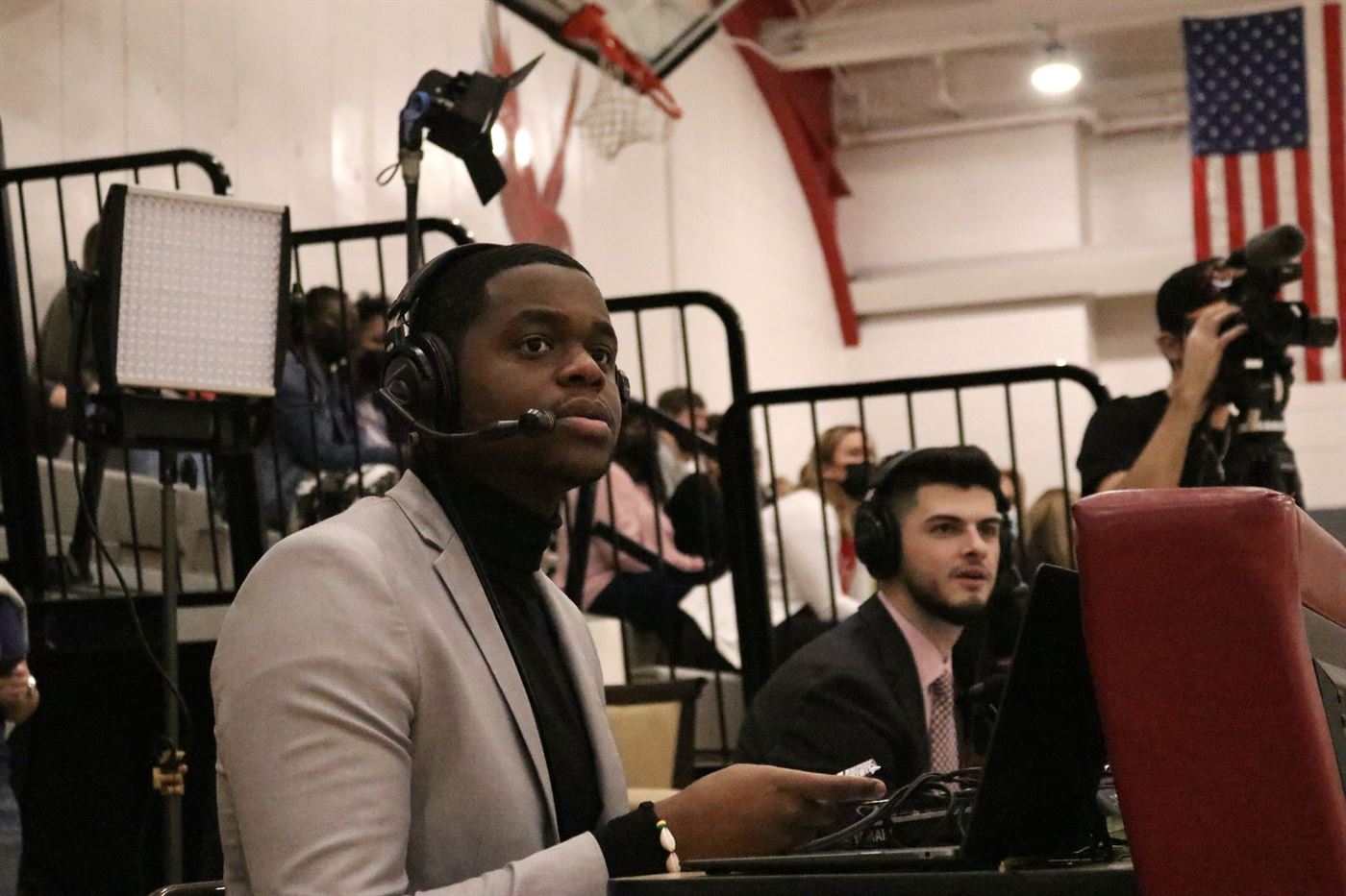Jonathan Edmond and Jack Barteck analyzing the court during the game Gianna Daginis | The Montclarion