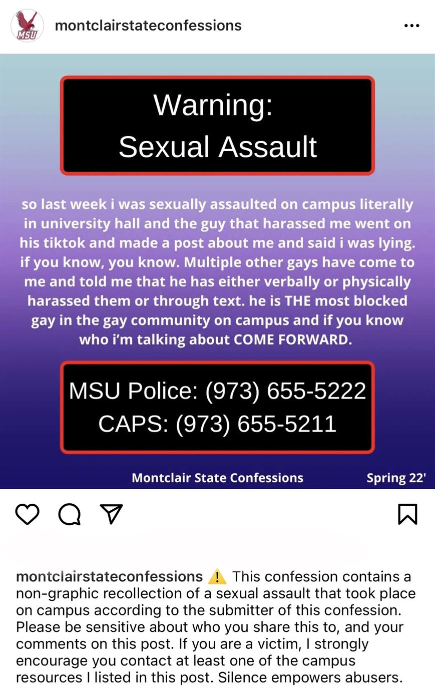 An anonymous post on @montclairstateconfessions spread awareness and sparked frustration.