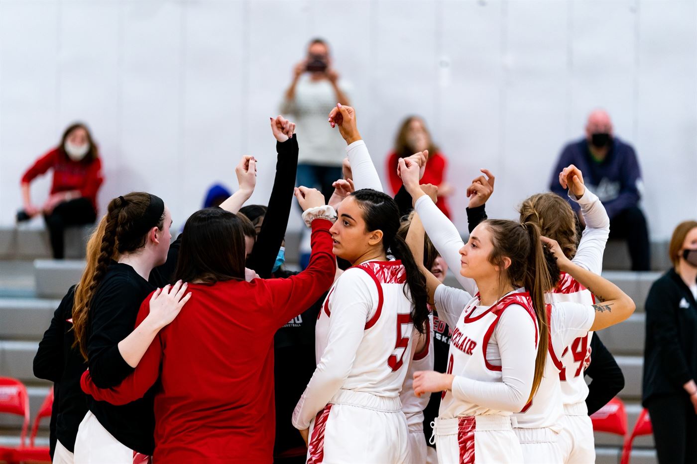 The Montclair State women's basketball team huddling up before going back into the game Chris Krusberg | The Montclarion