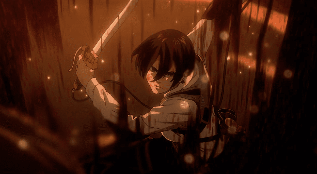 We see Mikasa's growth as a fighter in these scenes as she kills titans like a pro. Photo courtesy of MAPPA